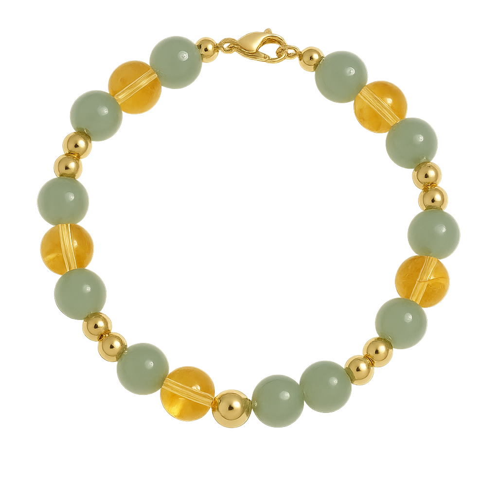Abundant Glow Bracelet with Green Aventurine and Yellow Citrine gemstone beads and gold accents on a light background