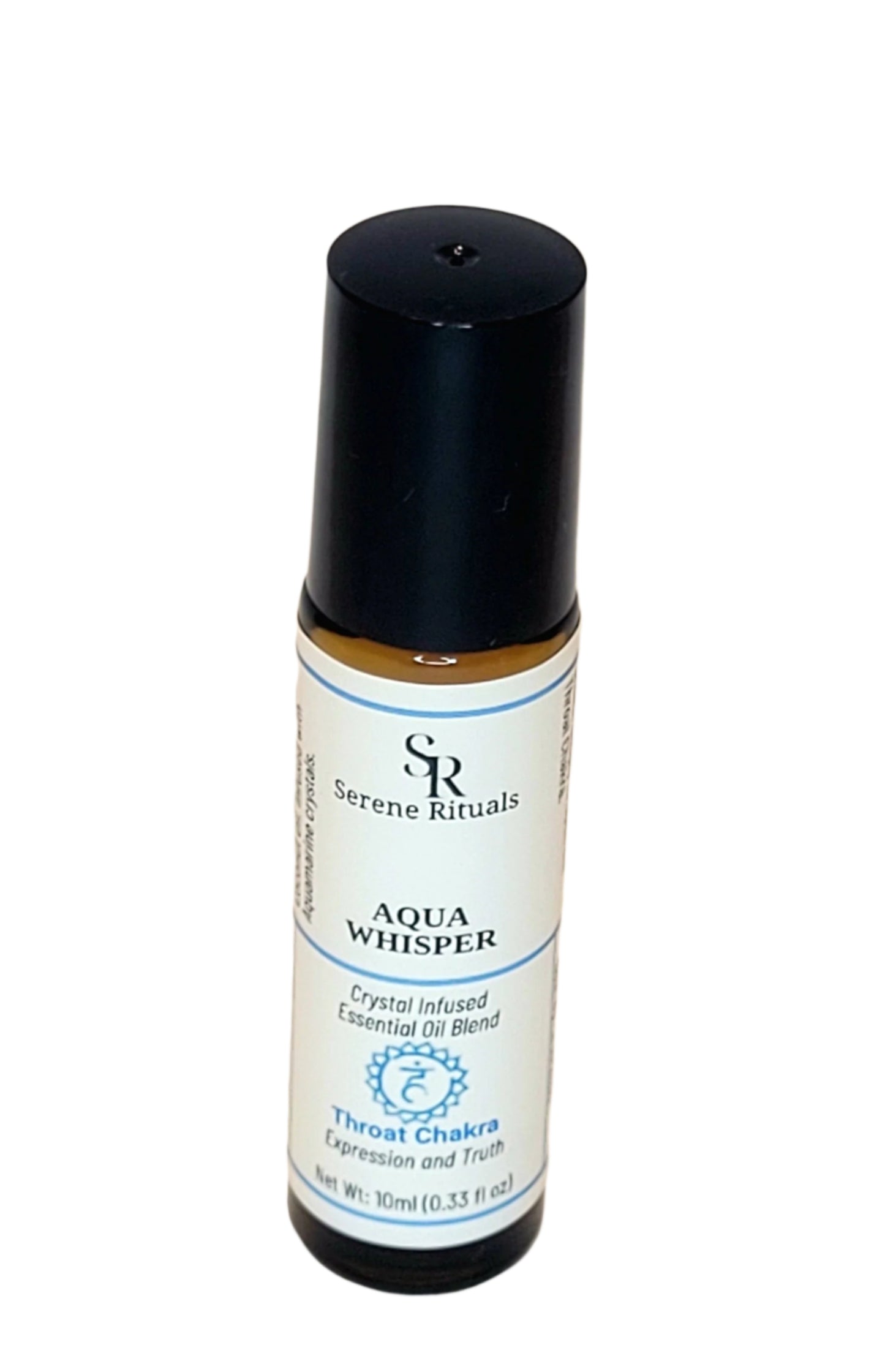 Bottle of 'Aqua Whisper' essential oil blend with black cap on a beige background