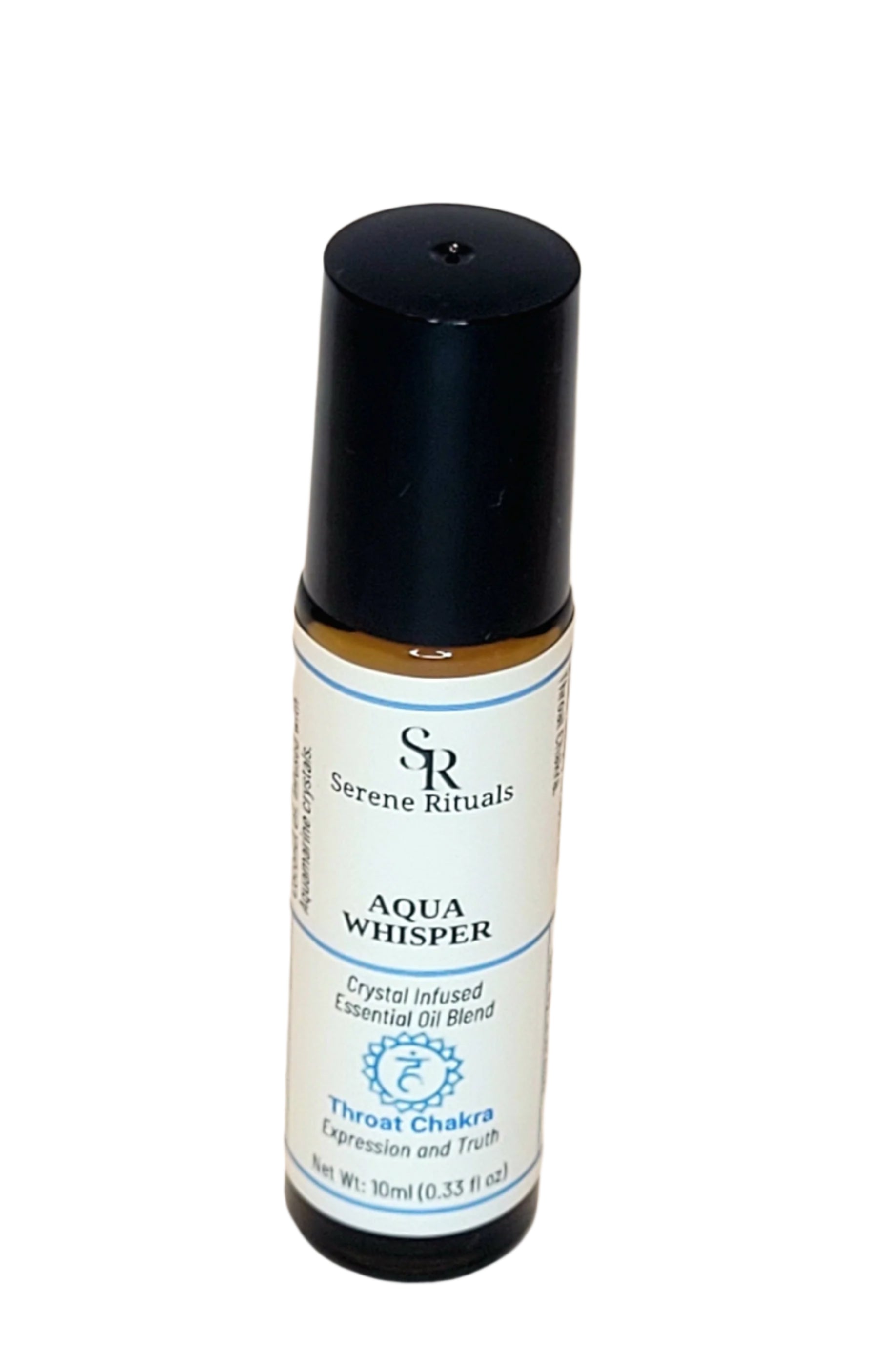 Bottle of 'Aqua Whisper' essential oil blend with black cap on a beige background