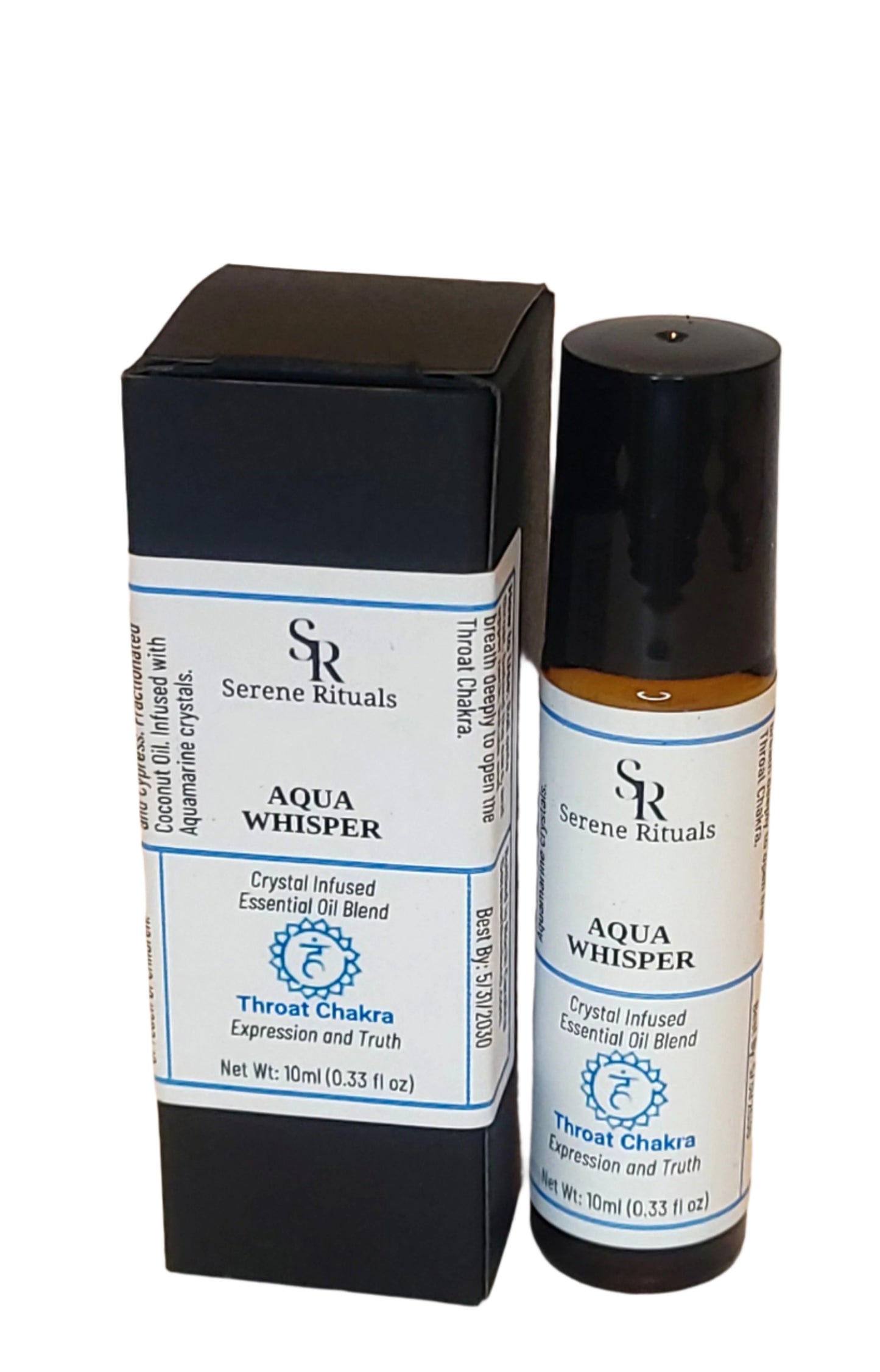 Serene Rituals 'Aqua Whisper' essential oil packaging on a beige background