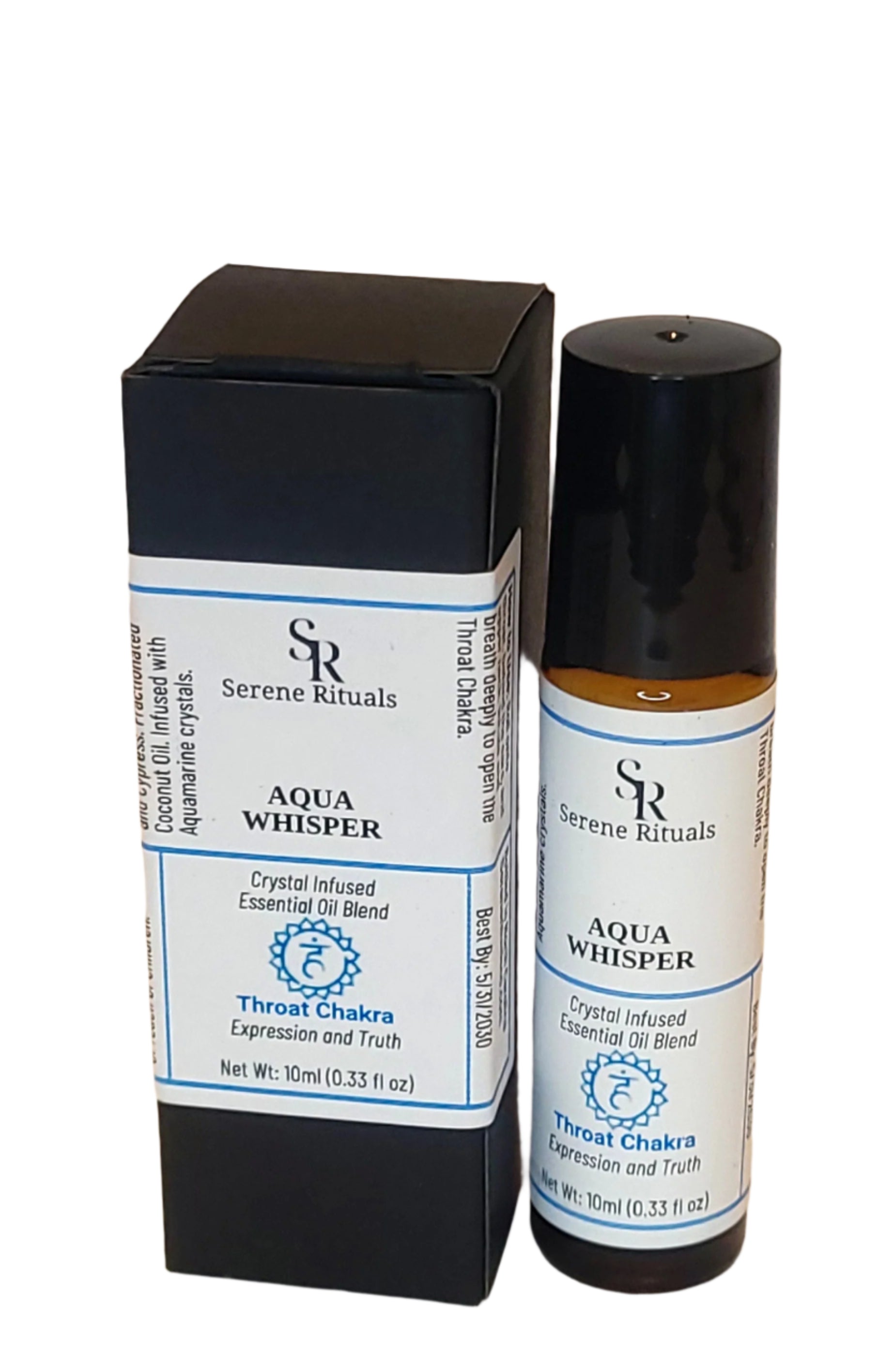 Serene Rituals 'Aqua Whisper' essential oil packaging on a beige background