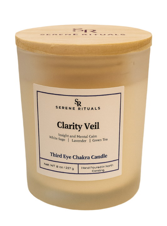 Serene Rituals Clarity Veil candle with wooden lid on a white background