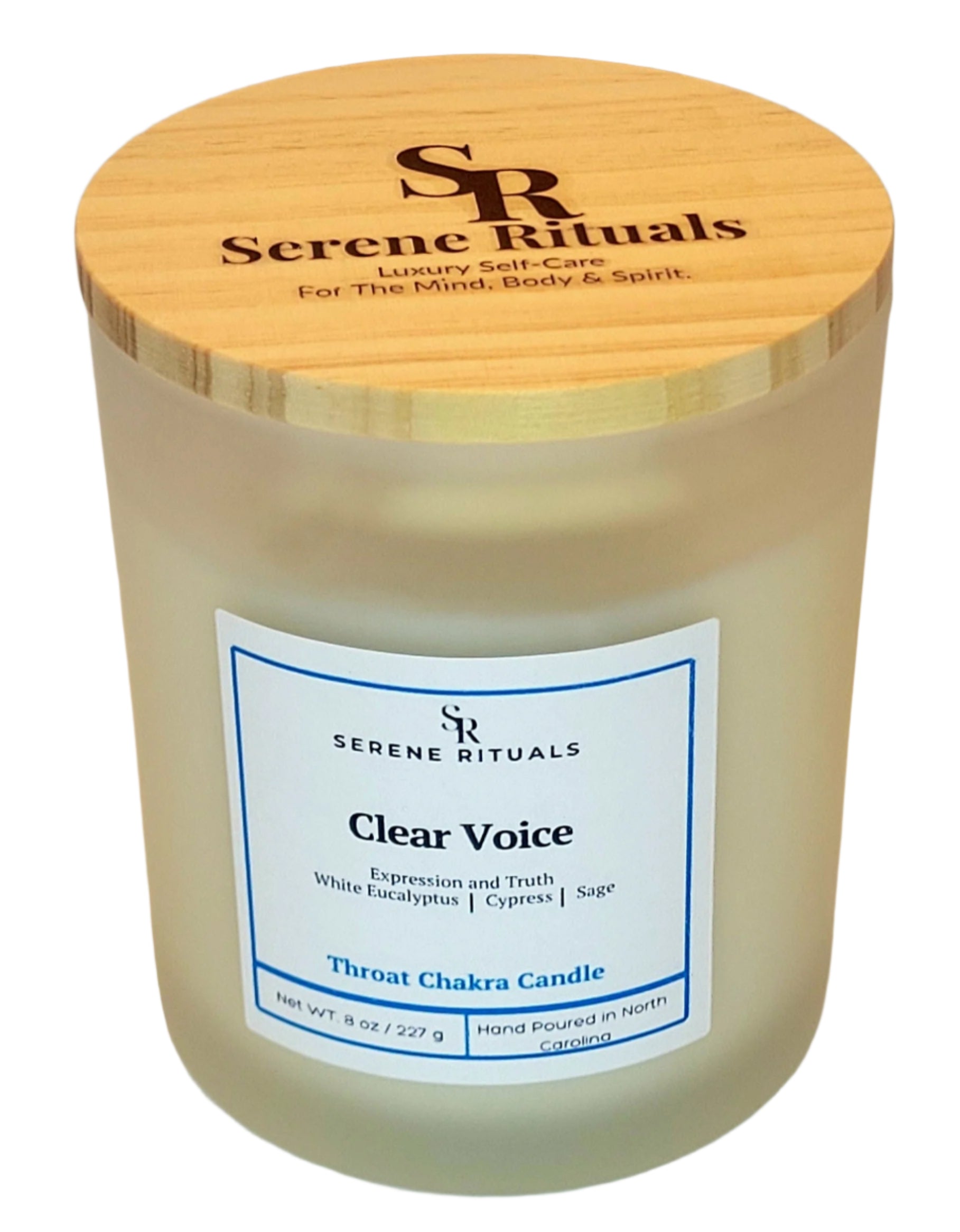 Serene Rituals Clear Voice candle with wooden lid on a light background