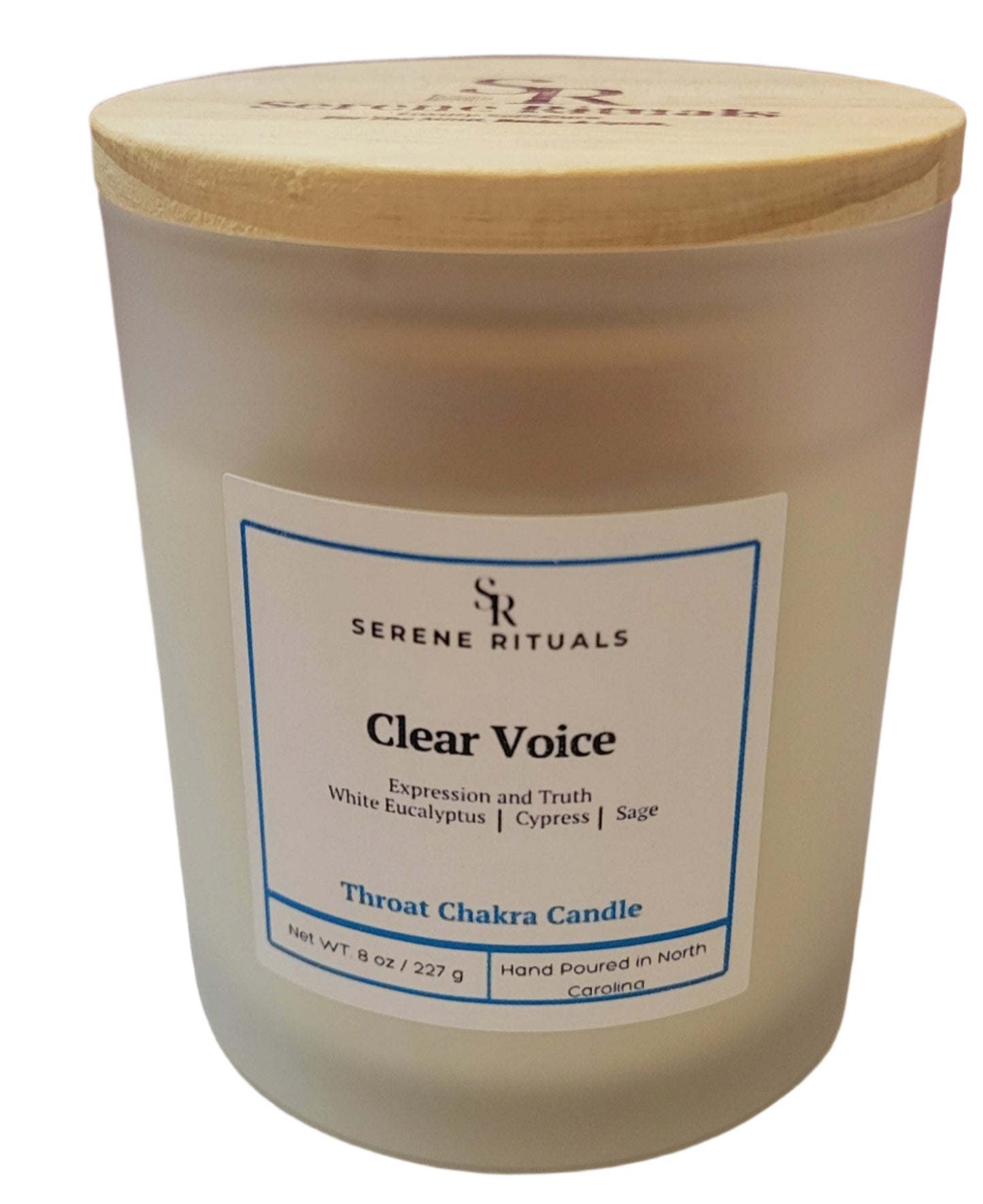 Clear Voice candle by Serene Rituals with a wooden lid on a white surface.