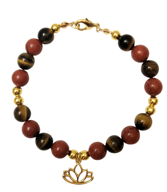 Fearless Strength Bracelet with Tiger's Eye and Red  Jasper beaded design and gold accents on a white background
