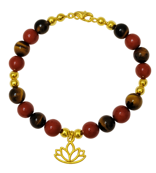 Fearless Strength Bracelet with Tiger's Eye and Red  Jasper beaded design and gold accents on a white background