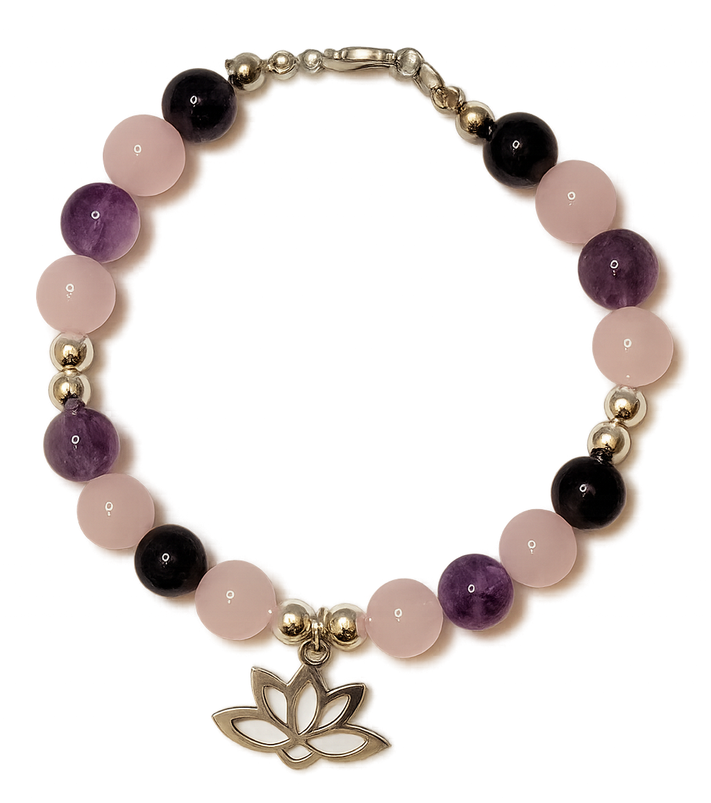 Heart and Soul Bracelet with Amethyst and Rose Quartz beads and lotus flower charm on a white background