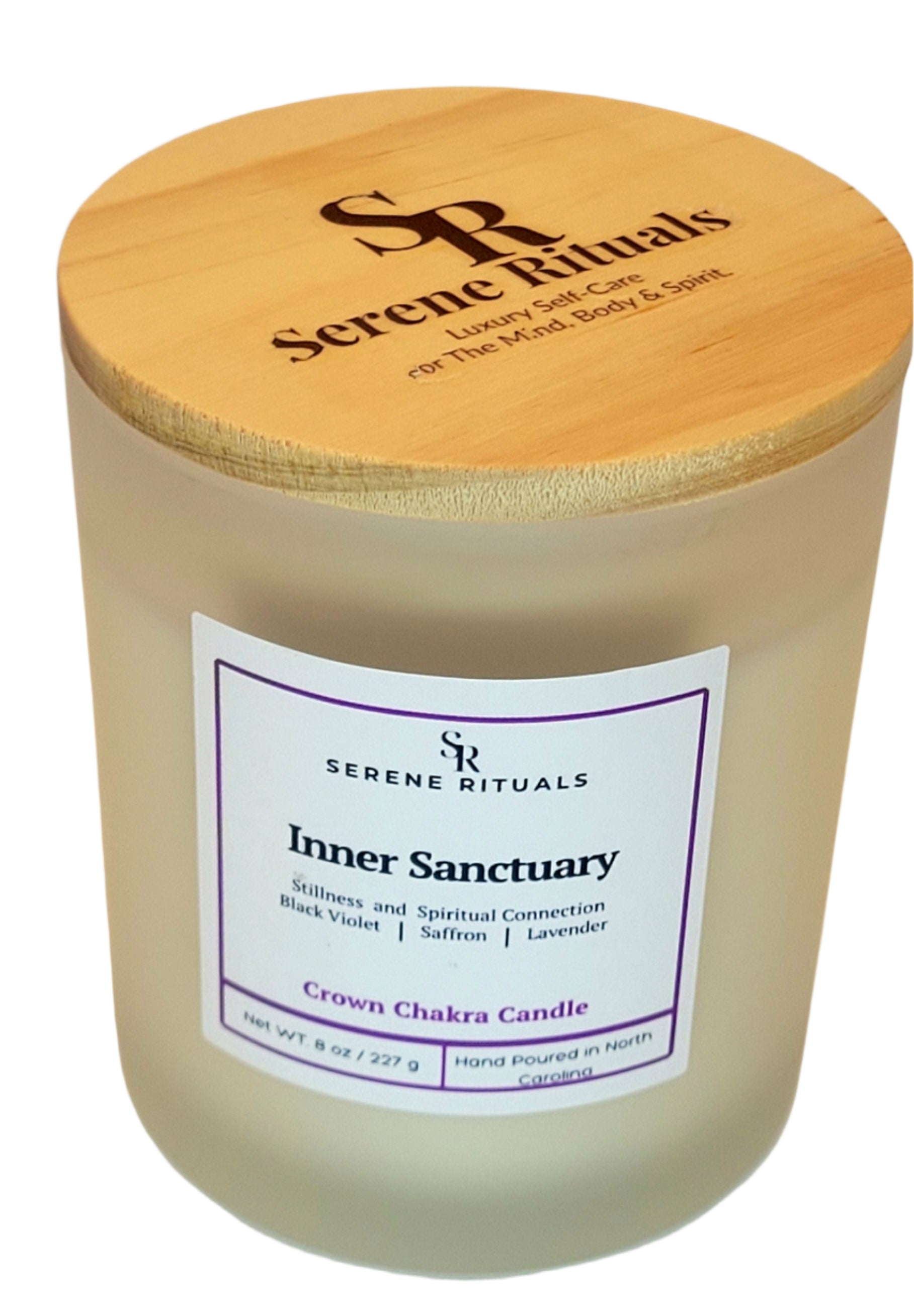 Inner Sanctuary candle with wooden lid labeled 'Serene Rituals' on a light background