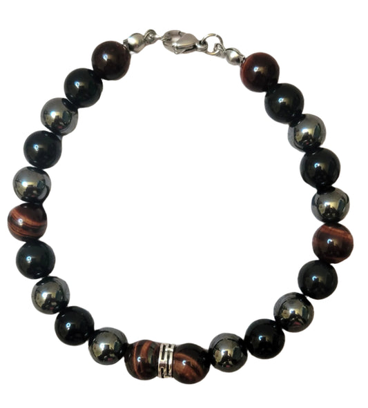 Midnight Armor gemstone  bracelet with black Obsidian, Red Tiger's Eye, and Hematite gemstone beads on a white background