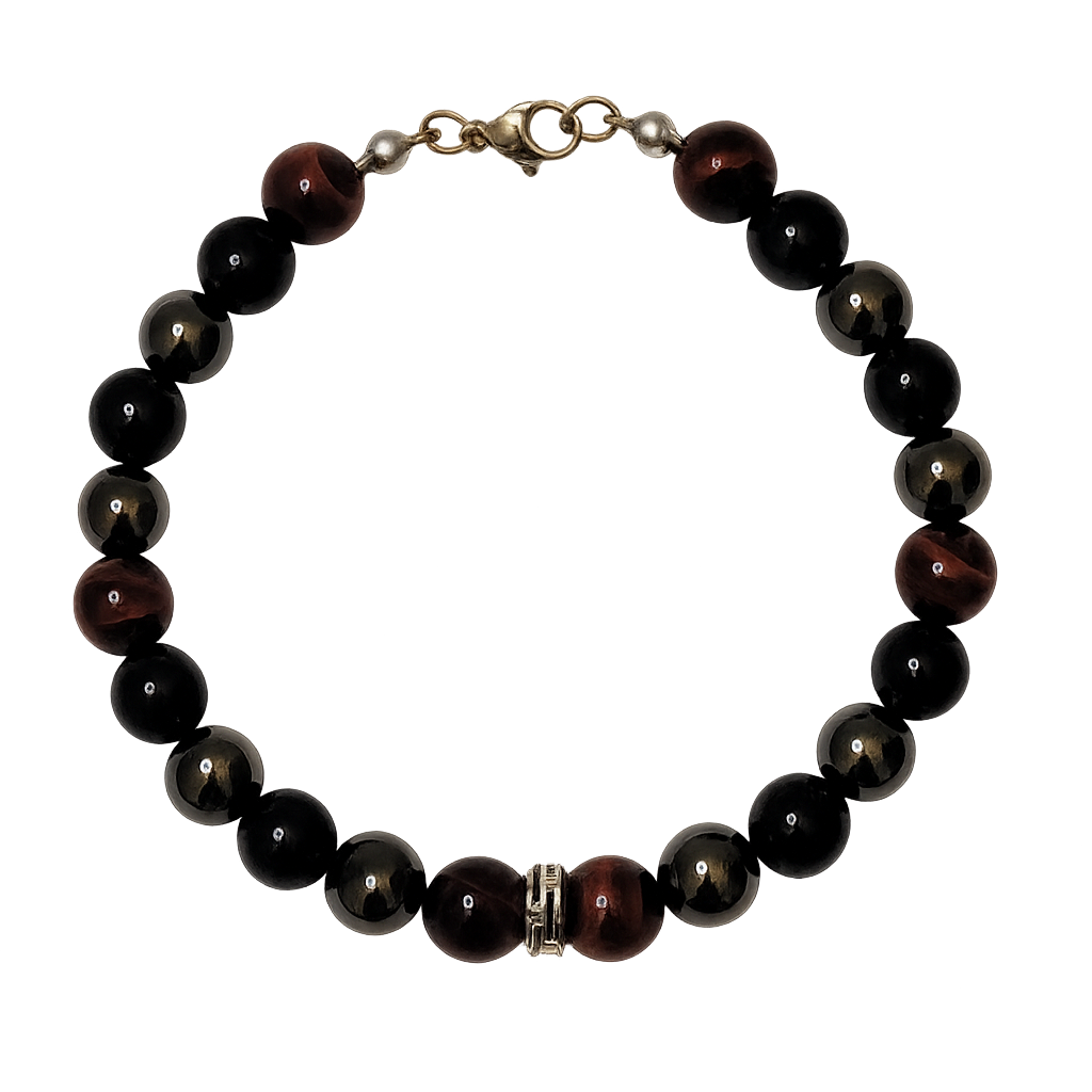 Midnight Armor gemstone  bracelet with black Obsidian, Red Tiger's Eye, and Hematite gemstone beads on a white background