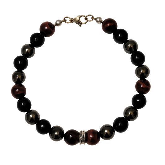 Midnight Armor gemstone  bracelet with black Obsidian, Red Tiger's Eye, and Hematite gemstone beads on a white background