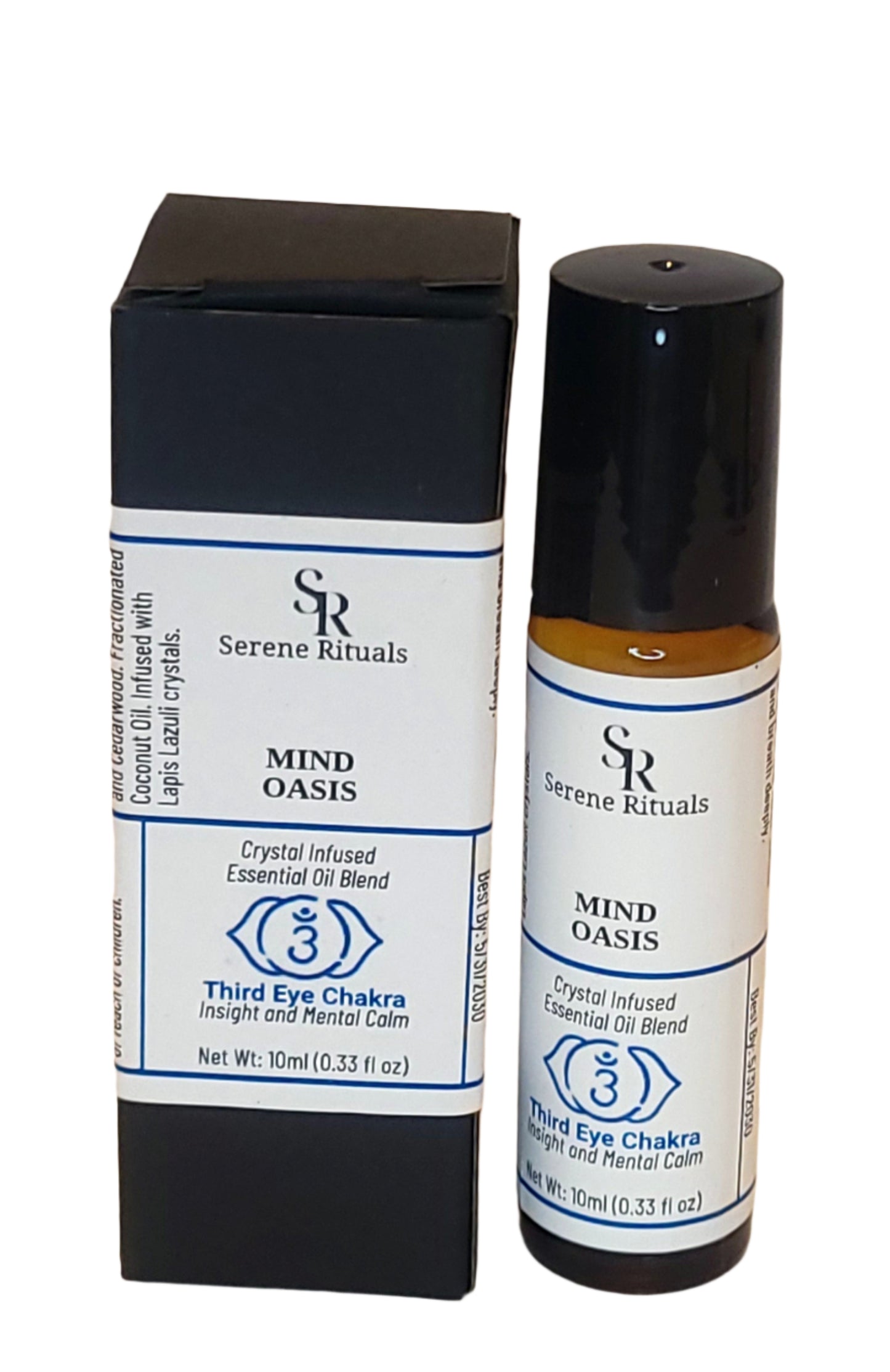 Mind Oasis essential oil blend product with labels on a white background