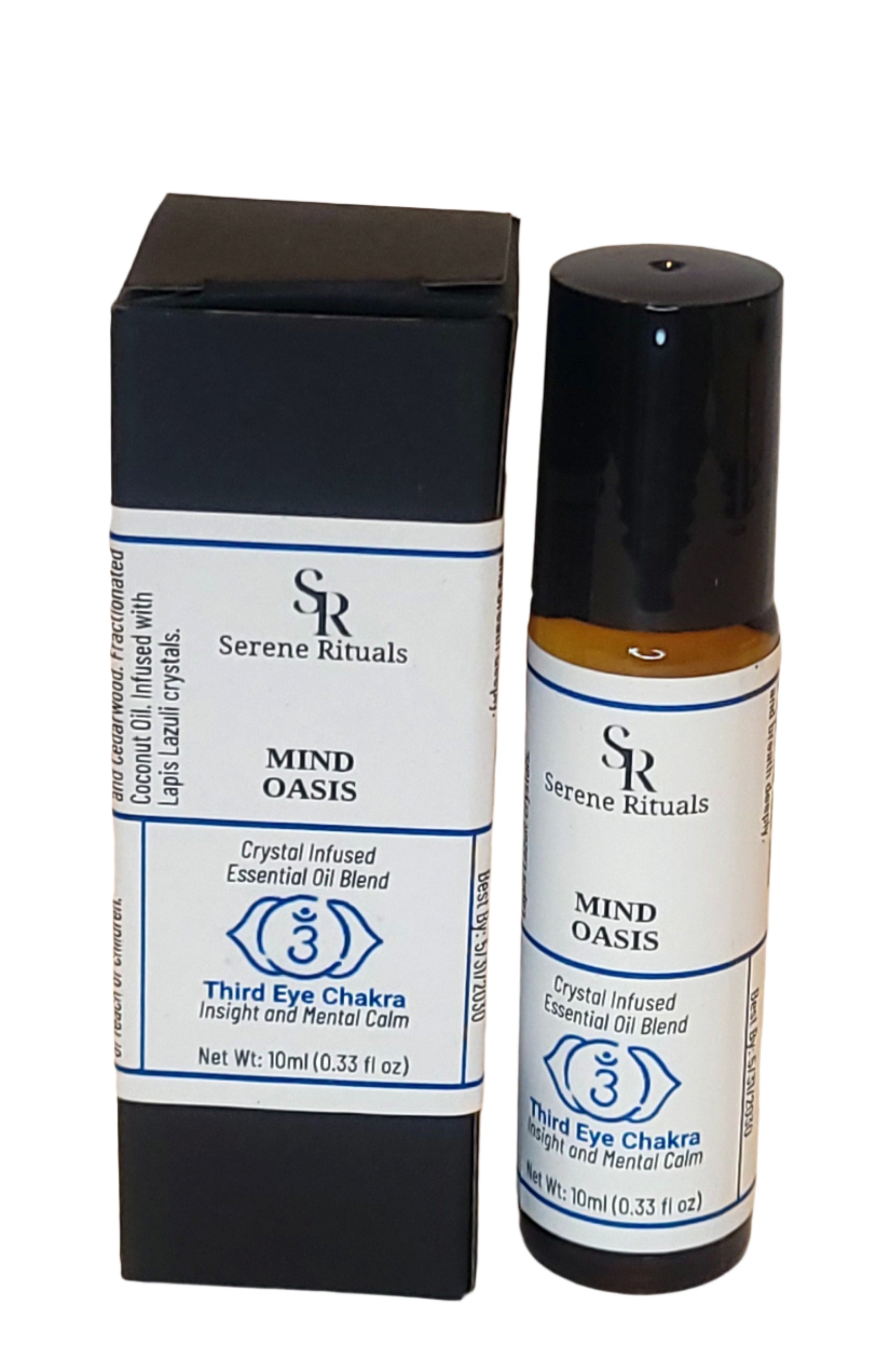 Mind Oasis essential oil blend product with labels on a white background