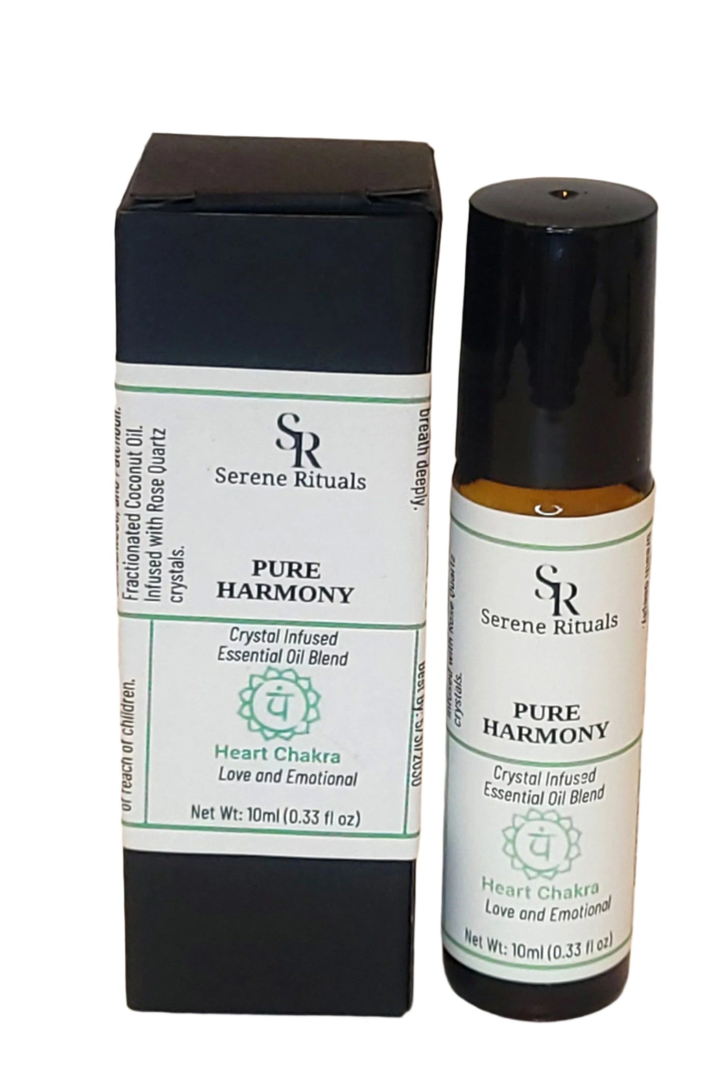 A bottle of 'Pure Harmony' essential oil blend with packaging on a beige background
