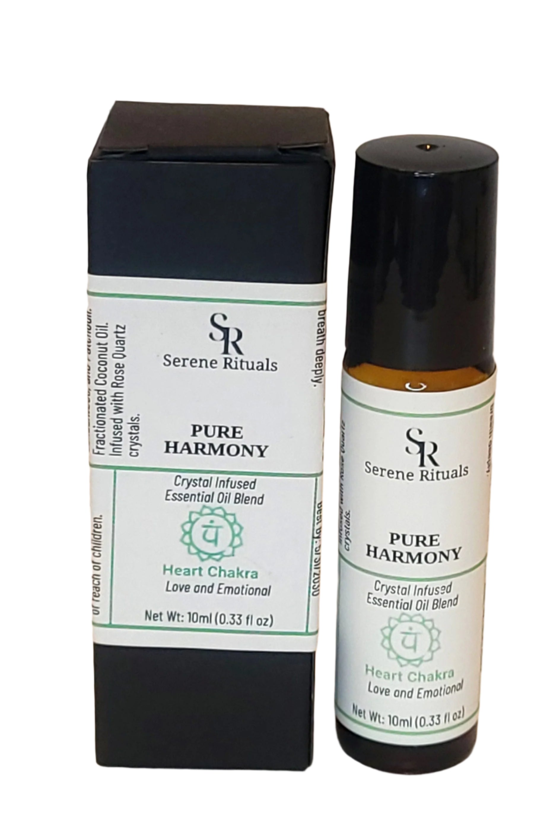 A bottle of 'Pure Harmony' essential oil blend with packaging on a beige background