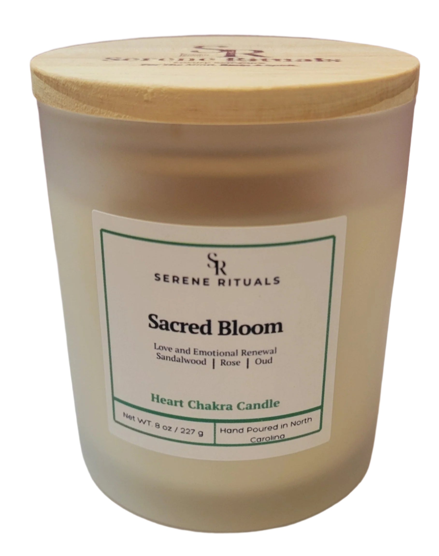 Sacred Bloom Candle with a wooden lid and 'Serene Rituals' label on a white surface.