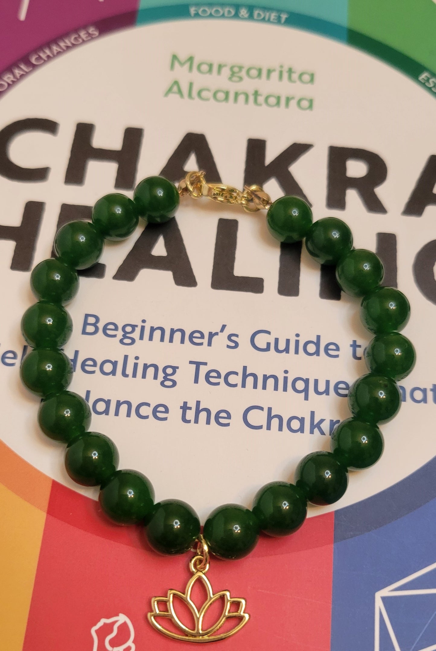 A handcrafted bracelet featuring polished Taiwan Green Nephrite Jade beads, gold-filled lotus charm and clasp. The design embodies balance, harmony, and grounding energy, styled as part of Serene Rituals’ luxury gemstone collection.