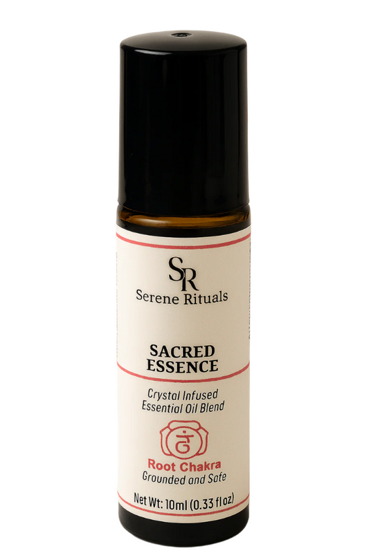 Serene Rituals Sacred Essence essential oil blend bottle on a beige background