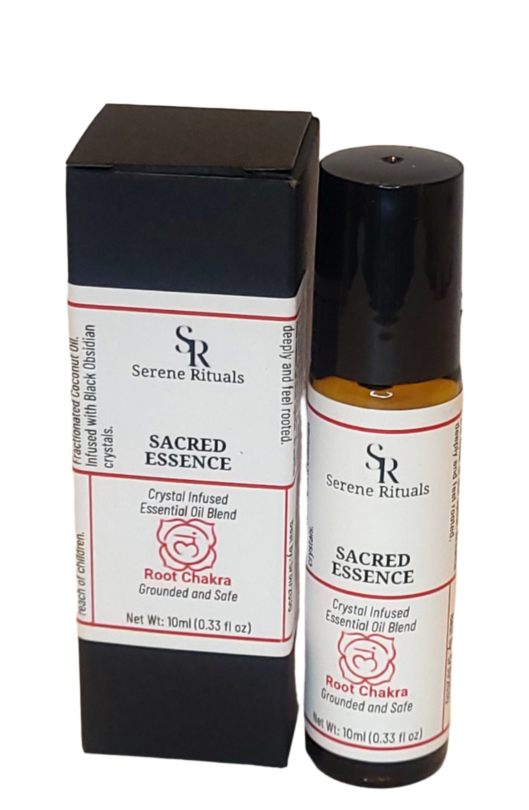 A bottle of 'Sacred Essence' with their packaging on a beige background