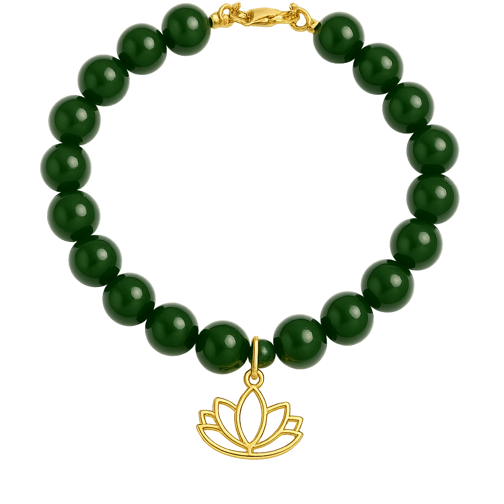 Taiwan Green Nephrite Jade beaded bracelet with a gold lotus flower charm on a white background