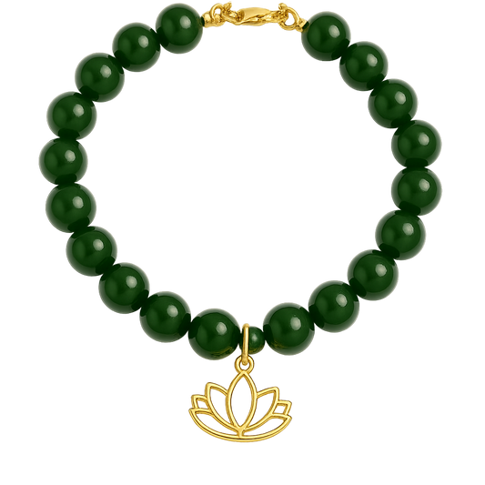 Taiwan Green Nephrite Jade beaded bracelet with a gold lotus flower charm on a white background