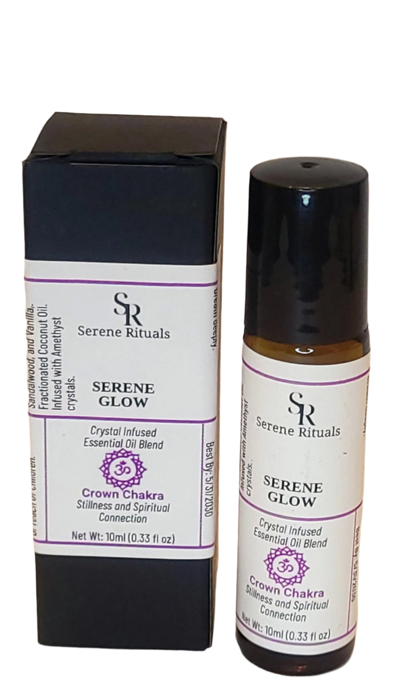 A bottle of 'Serene Glow' essential oil product on a beige background