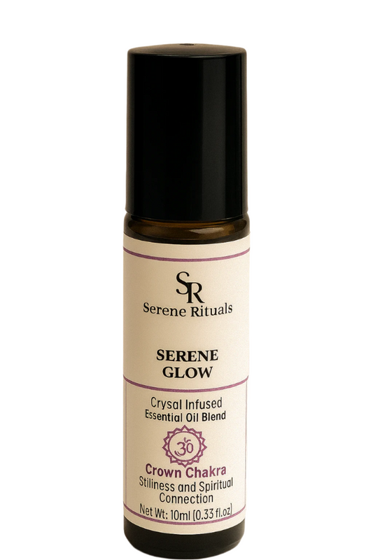 Serene Rituals Serene Glow essential oil blend bottle on a beige background