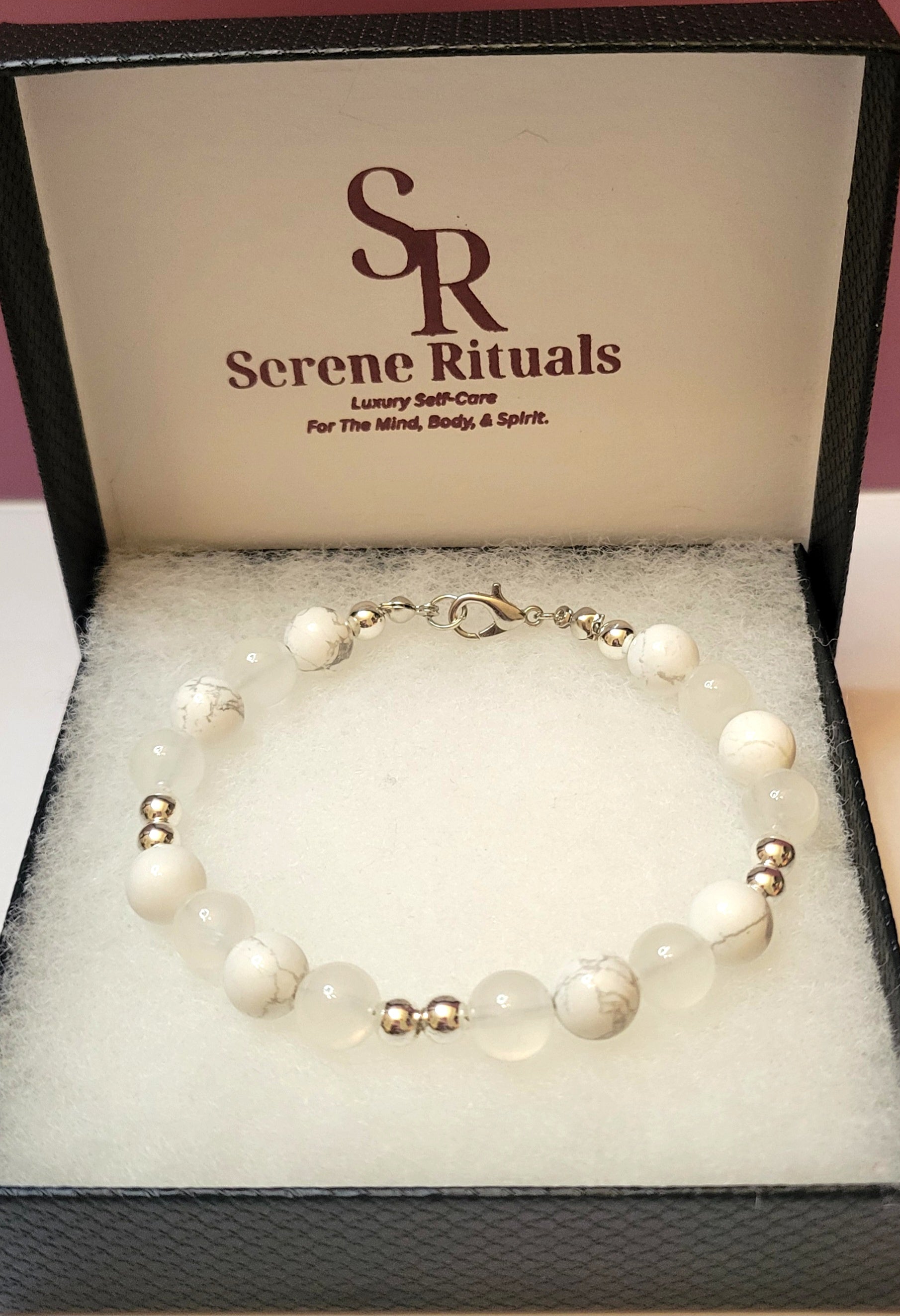 Serenity Glow Bracelet with Howlite and Selenite  beads in a 'Serene Rituals' box