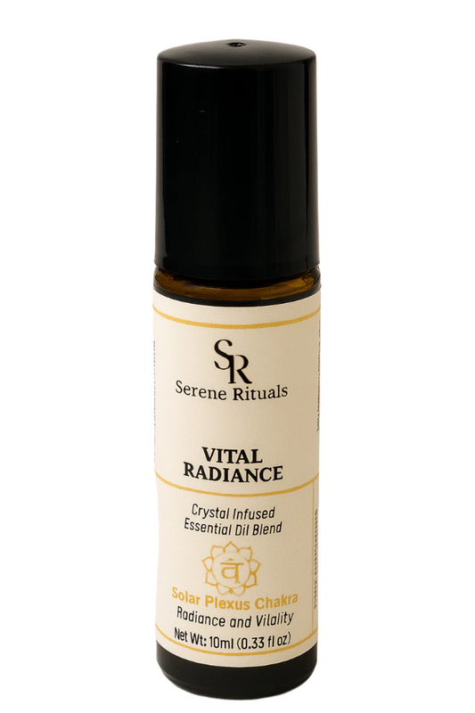 Serene Rituals Vital Radiance essential oil blend bottle on a white background